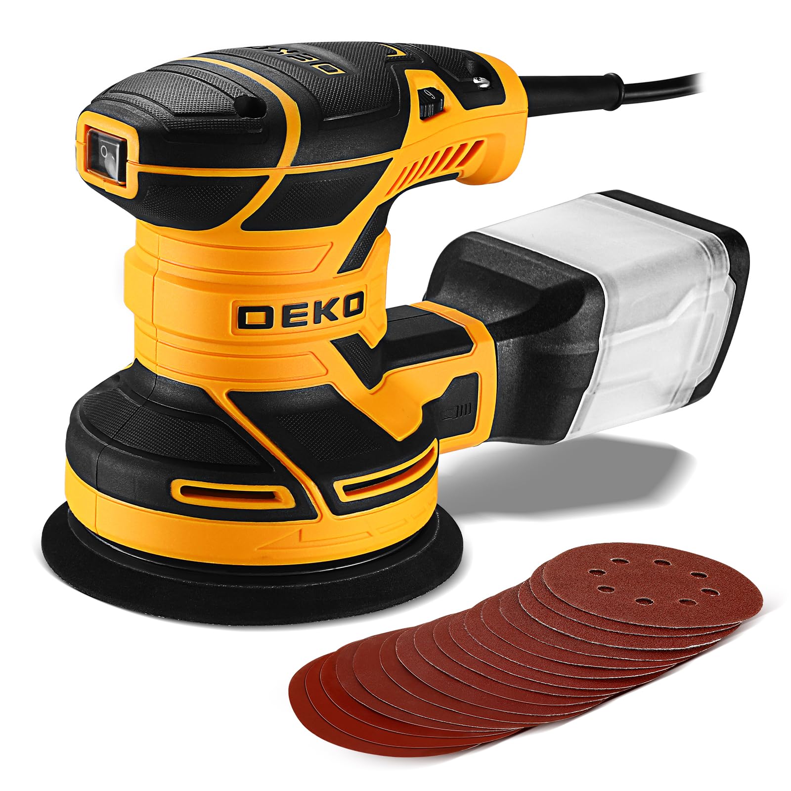 DEKOPRO Random Orbit Sander 300W with 16Pcs Sandpapers, 6 Variable Speed 14000RPM, 125MM Hand Electric Tool, Dust Removal Function, Fit for Woodworking/Sanding
