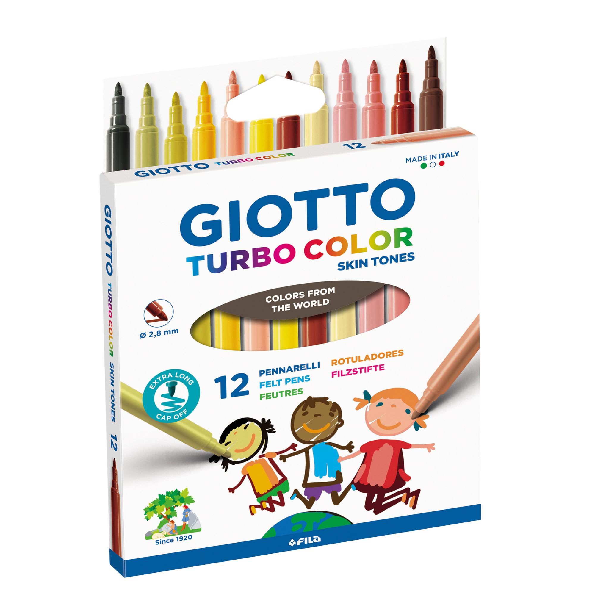 GIOTTO Turbocolor Felt Tip Fibre Pens, Fine Tip Nib 2.8mm, 12 Skin Tone Colours, For Children, Parties and Schools