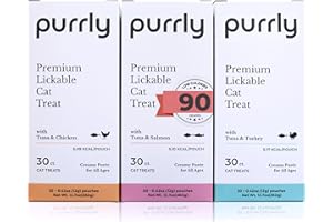 Purrly Healthy Premium Cat Treats Snack Topper Tuna Variety Bundle (90 Count) Lickable Wet Squeezable Hydrating Interactive Seafood Grain-Free Naturally Flavored Non-GMO No-Preservative