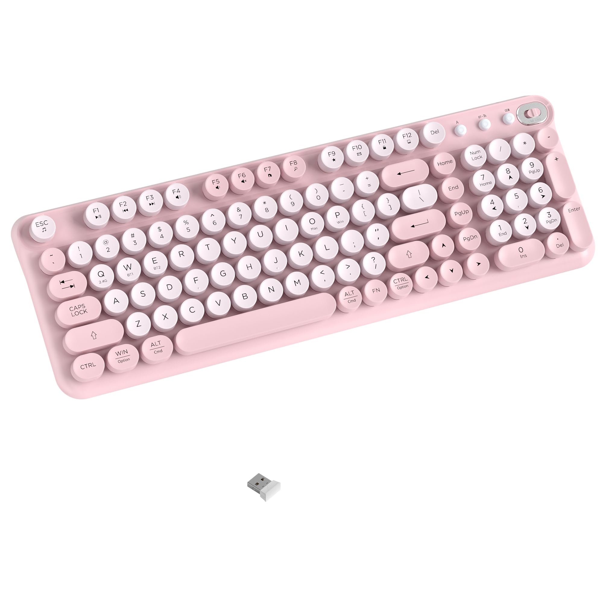 Photo 1 of COVEVA Wireless Bluetooth Keyboard - Full Size Retro Round Typewriter Style Wireless Keyboard with 2.4GHz & Bluetooth Dual-Mode Compatibility for PC, Laptop, Windows, Mac, and More (Pink)
