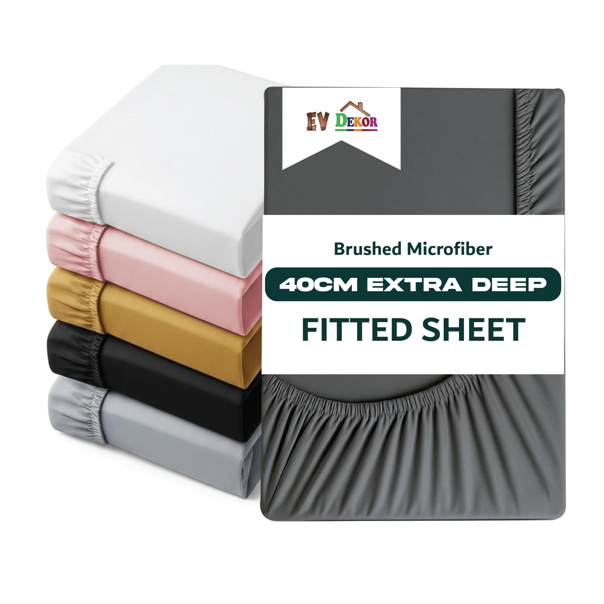 Ev Dekor Extra Deep King Fitted Sheet, Charcoal Bedding - Deep Pocket Bedsheet 16inch (40 cm) Soft Brushed Microfiber Fabric - Shrinkage and Fade Resistant - Bottom Sheet - Double Bed Fitted Sheets