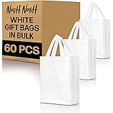 Nush Nush Set of 60 White Gift Bags Medium Size – Shiny Reusable White Gift Bags With Handles - Perfect Goody Bag for Wedding Favors, Holidays, Christmas, Birthday, Small Business, Events – 8Wx4Dx10H