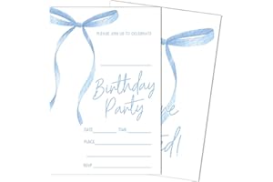 SIXEIGHT Blue Bow Birthday Invitations Blue Ribbon Bow Birthday Party Invitations 20 Party Invitations with Envelopes for Girls Boys Birthday Party Favor & Decoration (4"x6")-A07