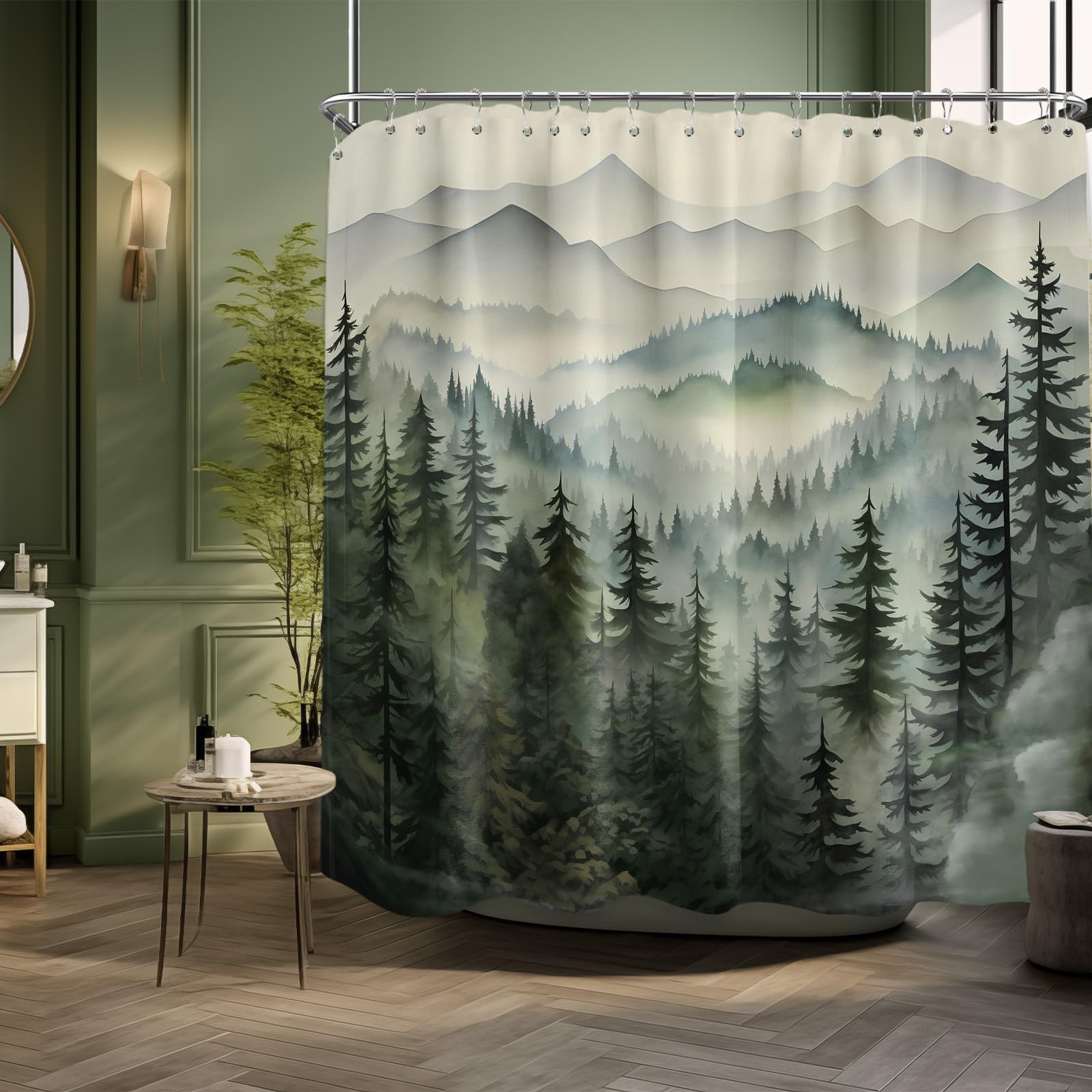 QGHOT Mountain Shower Curtain Green Forest Nature Shower Curtains for Bathroom Rustic Woodland Pine Tree Landscape Bath Decor Sets, Waterproof Polyester Fabric with Hooks, 108x72in Image