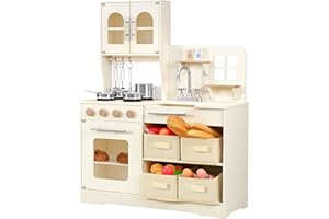 PHGLL Play Kitchen for Kids Wooden Toy Playset with Storage System, Chef Pretend Play Set with Oven, Utensils, Cupboard, Sink, Clicking Knobs, Toddler Kitchen Play for Ages 3+