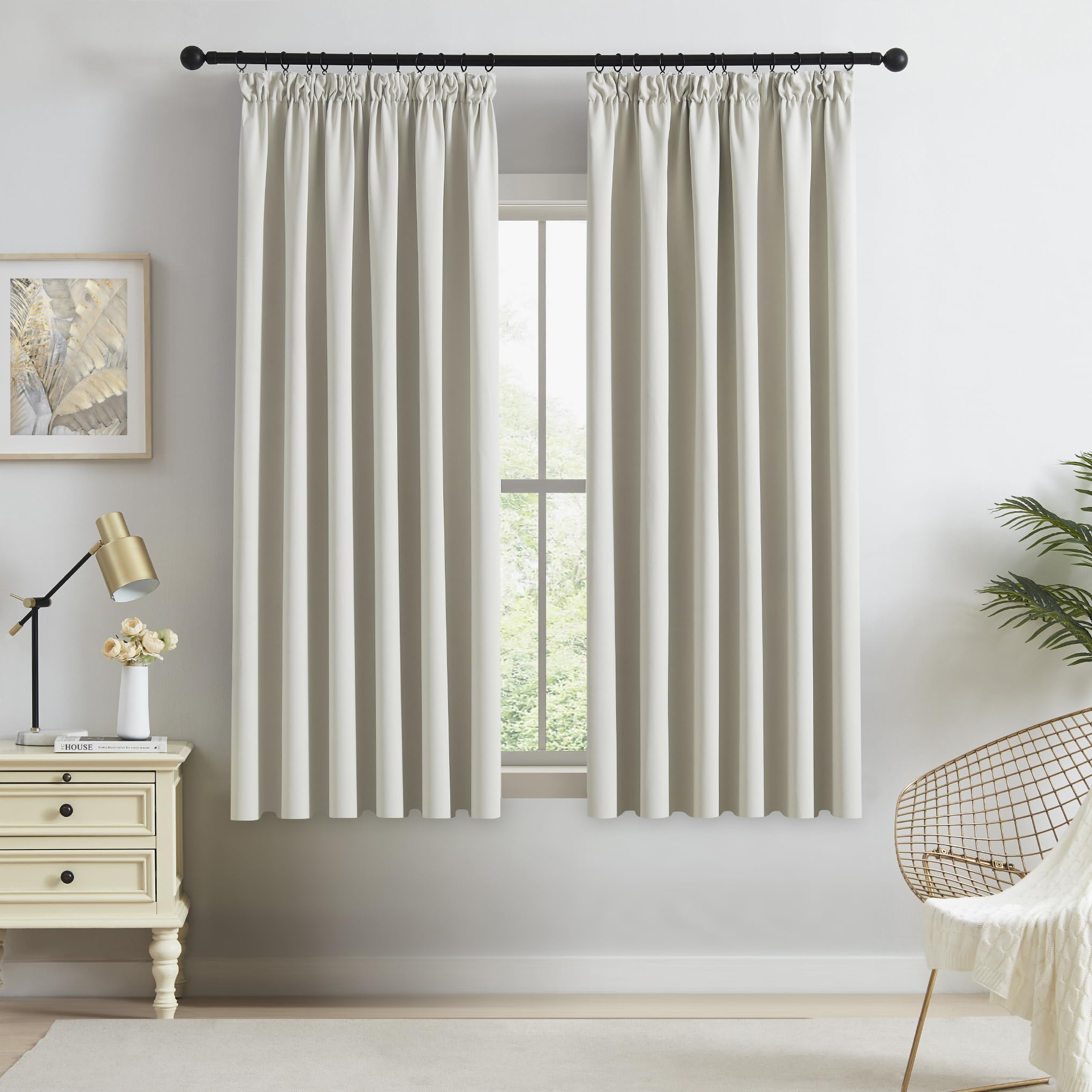 Beauoop Pencil Pleat Blackout Curtains for Bedroom 54 inch Drop Beige Curtains for Living Room Rod Pocket Light Blocking Thermal Insulated Drapes Window Treatment 2 Panels, W66 x L54