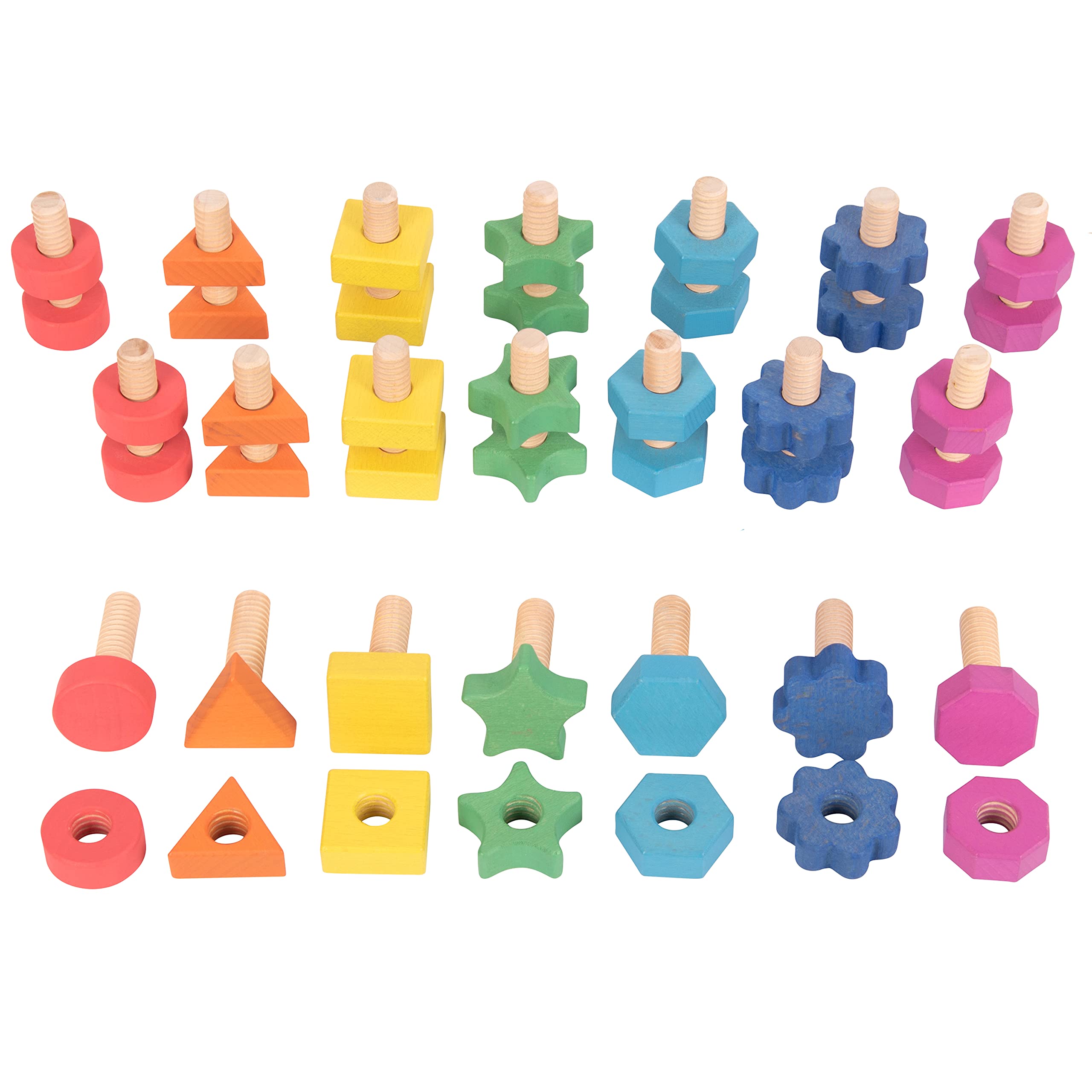 Rainbow Wooden Nuts & Bolts - Pack of 21, Regenbogenfarben, 6.5 cm