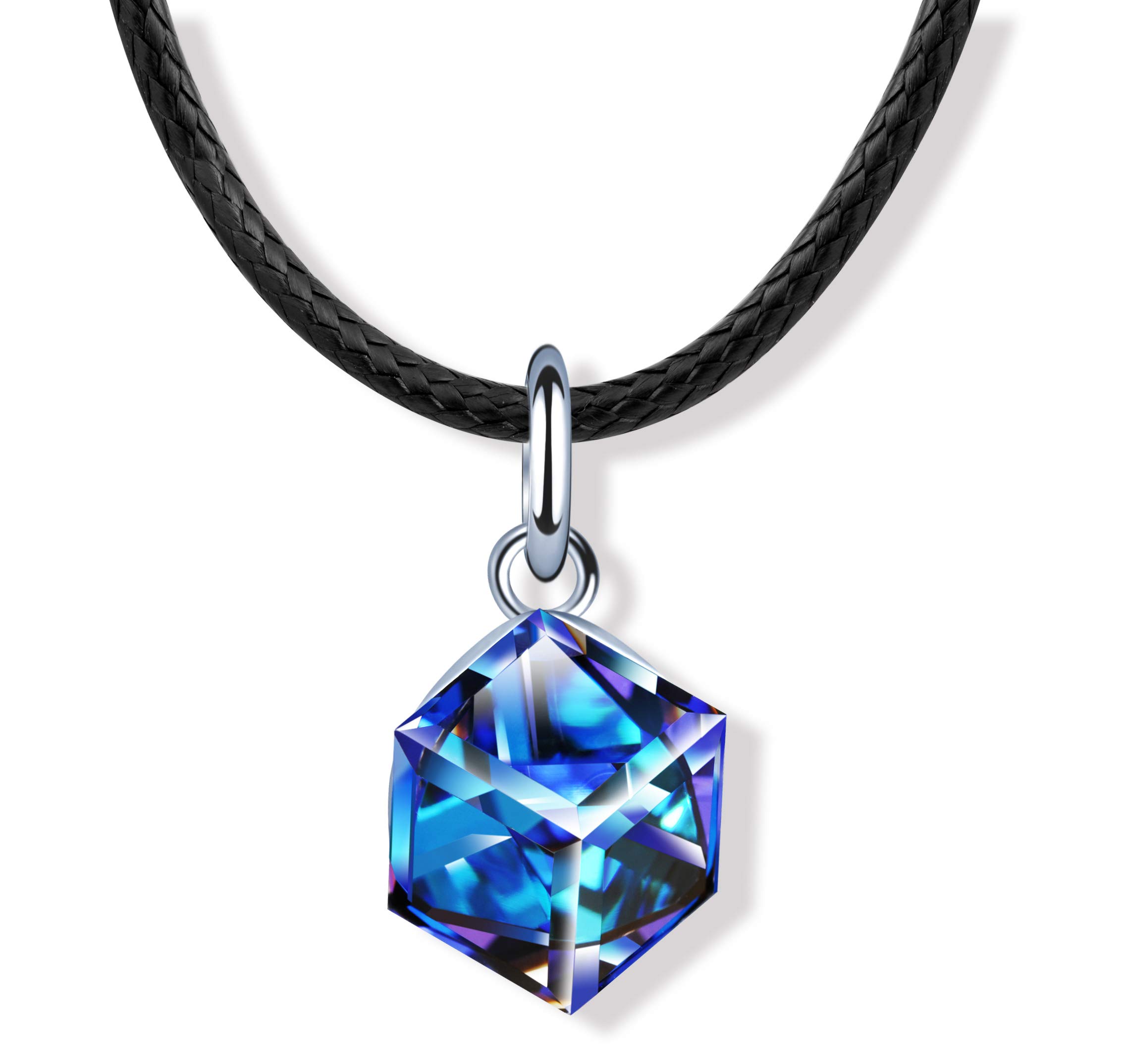 MicLee Women's girl's Necklace pendant, 925 Sterling Silver necklace, Fashion crystal square necklace, Choker, black leather rope, Inlaid crystal, beautiful and unique pendant