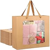 EUSOAR Paper Gift Bags, 25pcs 12.5"x4.5"x11" Kraft Brown Clear Transparent Paper Bag with Handles, Gift Bags with Transparent Window for Wrapping Wedding Festival Bridal Party Favor