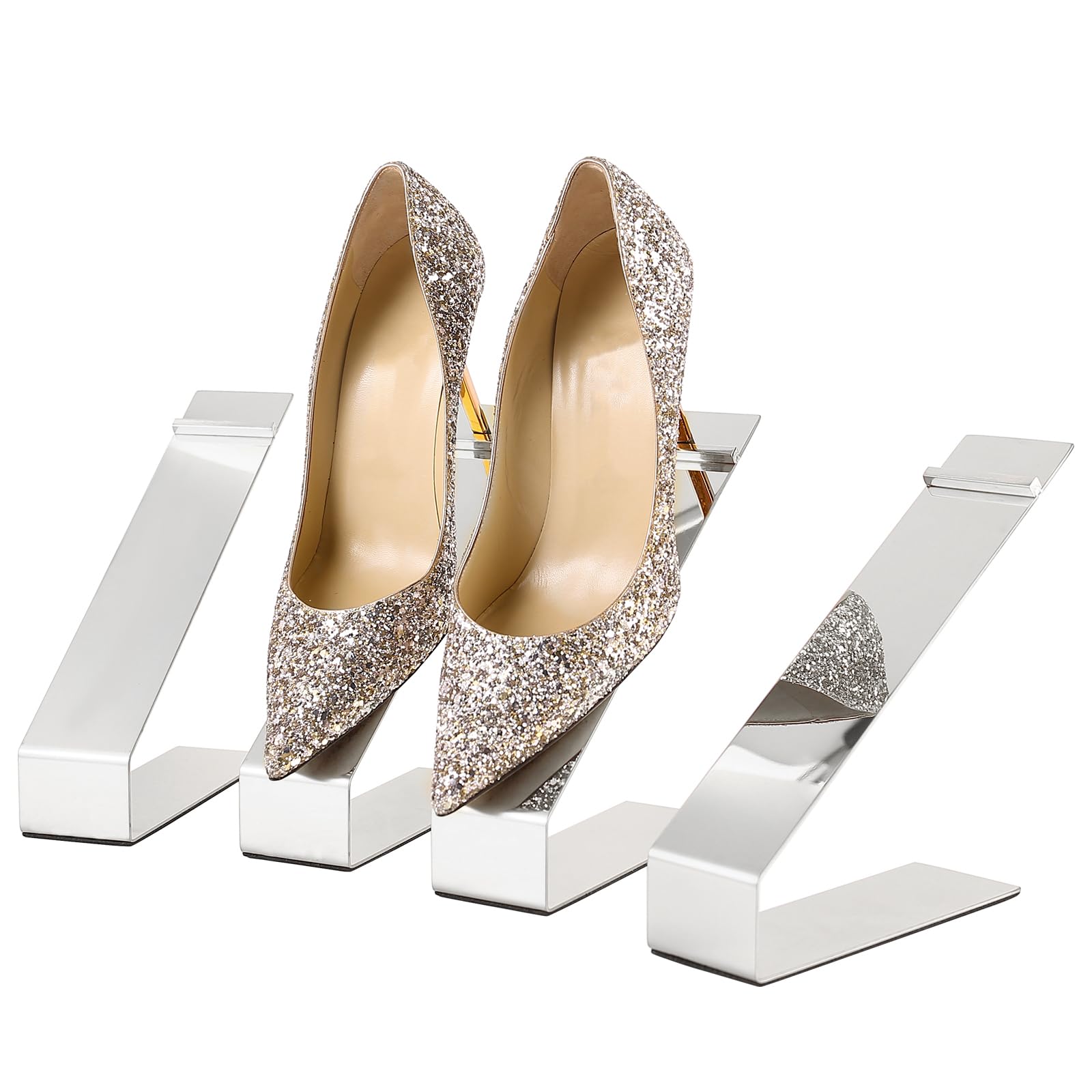 Photo 1 of K KAIDIYIN 8.66 in Extended Shoe Display Stand, 4Pcs Stainless Steel Rack Holder for High Heels Sandals, Retail Store Vendors Merchandise (Silver)