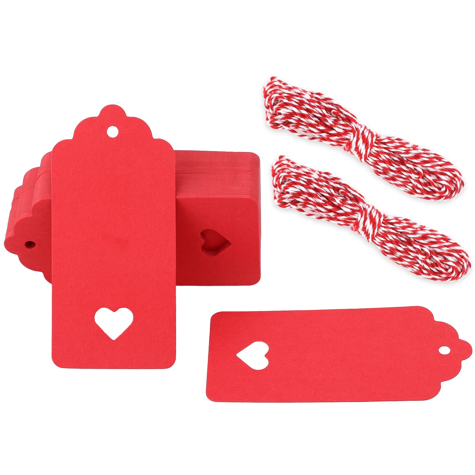 G2PLUS Red Gift Tags with Heart, 100PCS Blank Paper Tags with String, 4.5cm x 9.5cm Large Gift Labels for Wedding Favors, Presents, 300g/m²