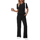 Ekouaer Lounge Sets for Women 2 Piece Matching Travel Outfits 2026 Loose Short Sleeve Top Wide Leg Pants Pockets