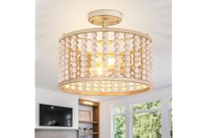 FRELII Wood Beaded Chandelier - Farmhouse Boho Light Fixture, Rustic Semi Flush Mount Ceiling Light, Oak 2 Lights Nursery Light Fixture for Hallway Foyer Bedroom Kitchen Island Living Room, E26 Base
