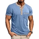Mens Henley Shirts Short Sleeve Casual Button Basic T-Shirts Summer Classic Vintage Tee Shirts with Pocket