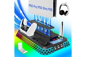 LHFDIAN PS5/Slim/Pro Stand and Cooling Station with LED Controller Charging Station for PlayStation 5 Console,Accessories Incl.Controller Charger,PS5 Cooling Fan,Headset Holder,3 USB Hubs