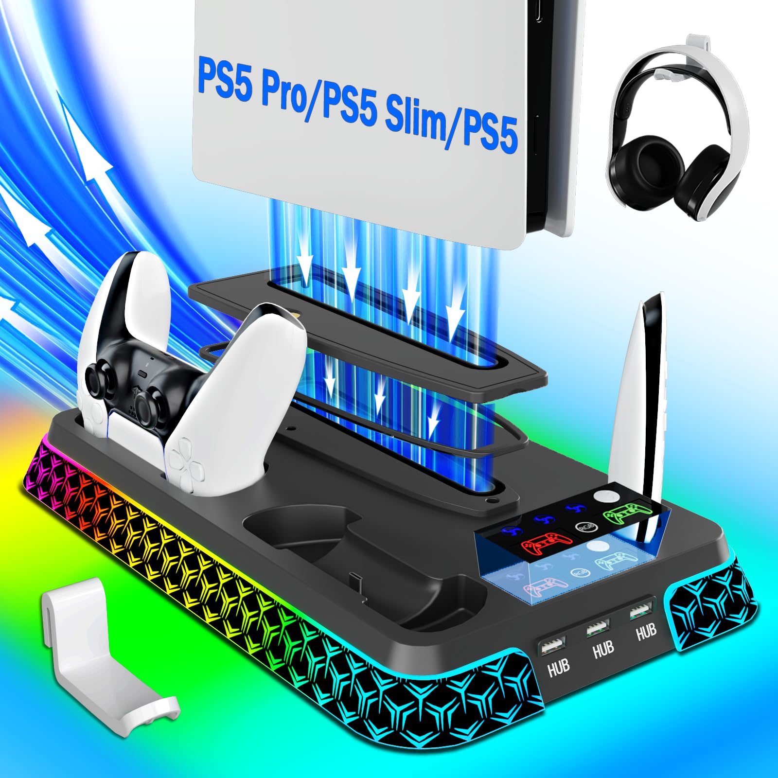 PS5/Slim/Pro Stand and Cooling Station with LED Controller Charging Station for PlayStation 5 Console,Accessories Incl.Controller Charger,PS5 Cooling Fan,Headset Holder,3 USB Hubs