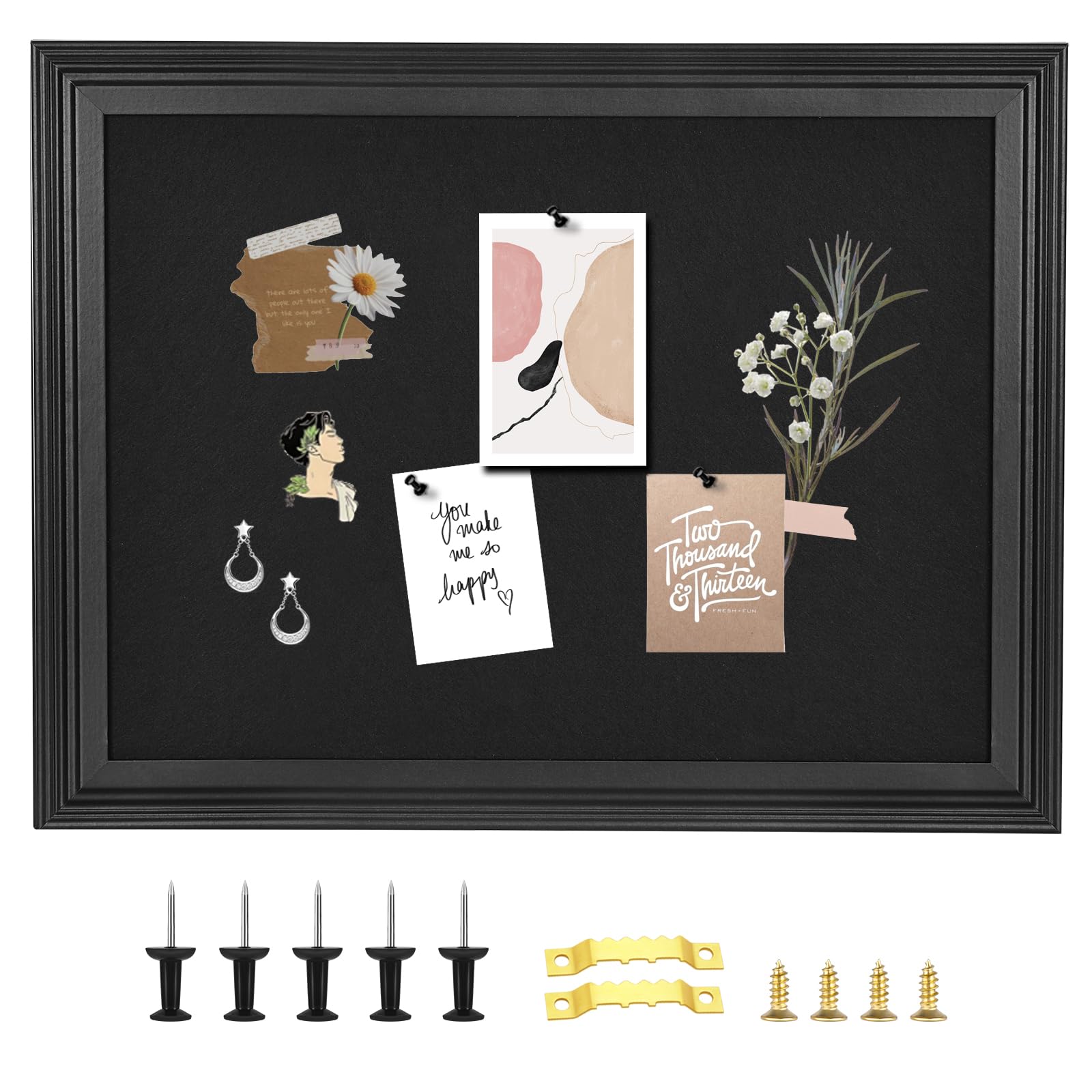 Okydoky Bulletin Board with Felt, Black Wood Framed Display Bulletin Board for Walls with Pins, Eye Bolts, gaskets, Screws, Pin Board for Office, School and Home(MZB-BK,3343,1P)