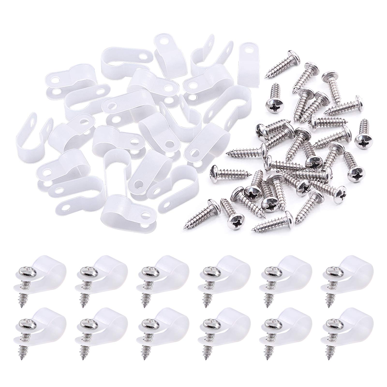 Swpeet 120 Pack White 3/8 Inch Nylon Plastic R-Type Cable Clips Clamp Kit, Nylon Screw Mounting Cord Fastener Clips with 120 Pack Screws for Wire Management (3/8 Inch, White)