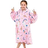 Ramees Wearable Blanket Hoodie for Kids, Sherpa Oversized Sweatshirt Blanket Flannel with Hood Pocket and Sleeves (Rainbow)