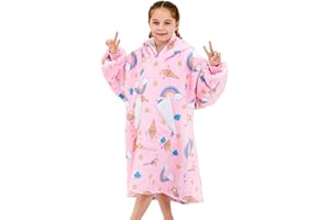 Ramees Wearable Blanket Hoodie for Kids, Sherpa Oversized Sweatshirt Blanket Flannel with Hood Pocket and Sleeves (Rainbow)