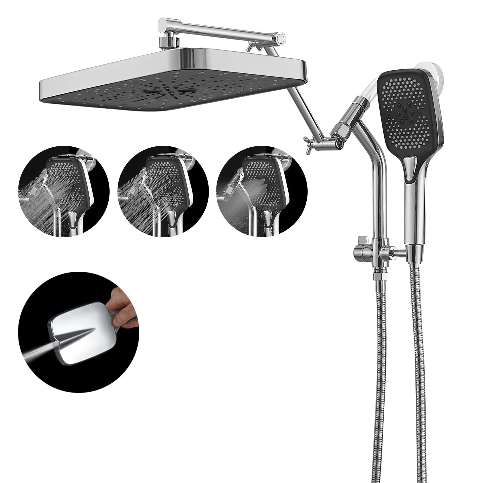 Photo 1 of Psylc 14" High Pressure Rain/Rainfall Shower Heads With Handheld Spray Combo (3+1 Settings & Built-in Power Wash Mode), Double/Dual Shower Head With Handheld - Height/Angle Adjustable(Polished Chrome)