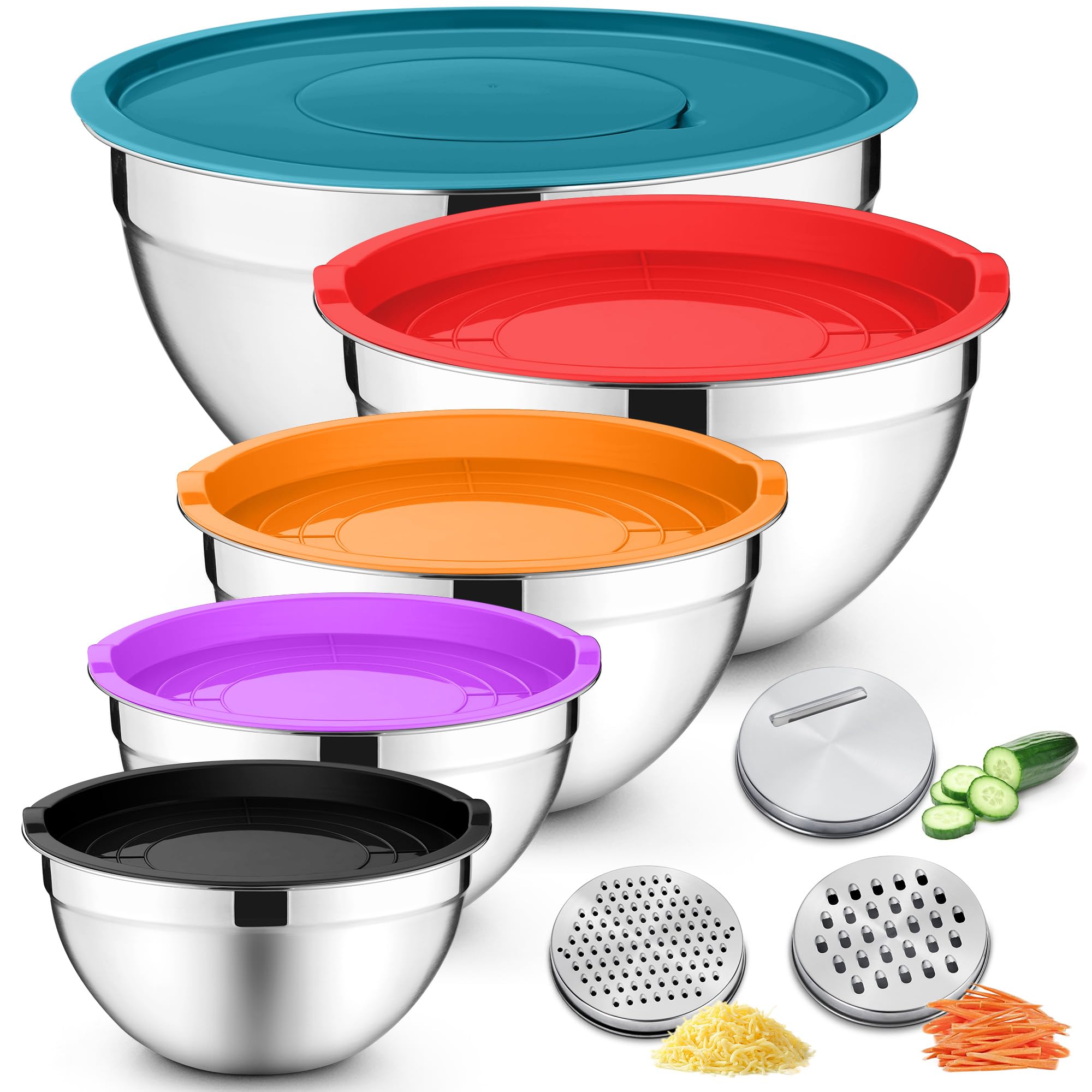 Joyfair Mixing Bowls Set of 5, Stainless Steel Nesting Salad Bowl with Airtight Lids, 3 Grater Attachments & Metal Storage Set for Baking Mixing Prepping, Size 0.7/1.2/1.6/2.5/2.8/4.6QT - Colorful