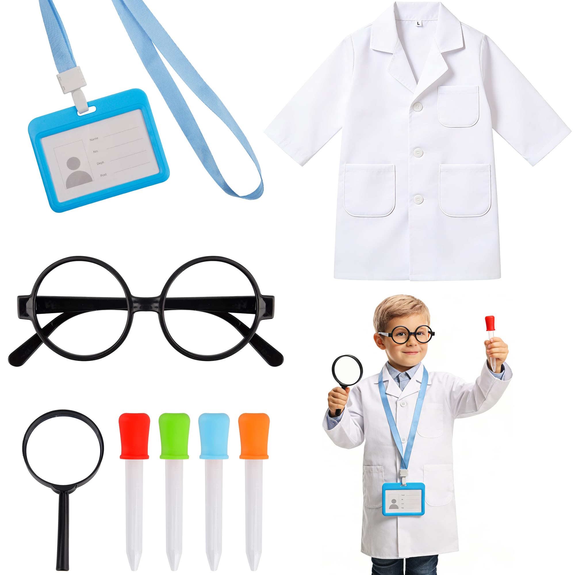 KEYIDO 8 Pcs Scientist Costume Kids Science Costume with White Kids Lab Coat Goggles Dropper Work Card Magnifier Childrens Scientist Science Day Inventor Outfits for Boy Girls 130-140cm