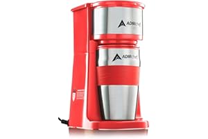 AdirChef Single Serve Mini Travel Coffee Maker & 15 oz. Travel Mug Coffee Tumbler & Reusable Filter for Home, Office, Camping, Portable Small and Compact (Red)