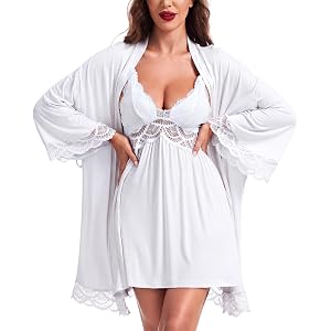 RSLOVE Women's Robes Set 2 Piece Lace Chemise Nightgown and Robe | Soft Modal Fabric, Comfortable Fit, Lingerie Robe for Bedt