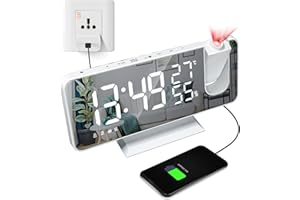AOZBZ Projection Alarm Clock, Mirror LED Digital Alarm Clock with USB Charging Port, Projection Alarm Clock with 7.4 Screen FM, 12/24H, Snooze, 3 Levels of Brightness,Hygrometer Thermometer