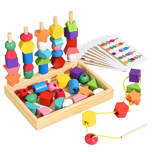 Montessori Bead Sequencing Set for Kids, Wooden Lacing Beads Toys