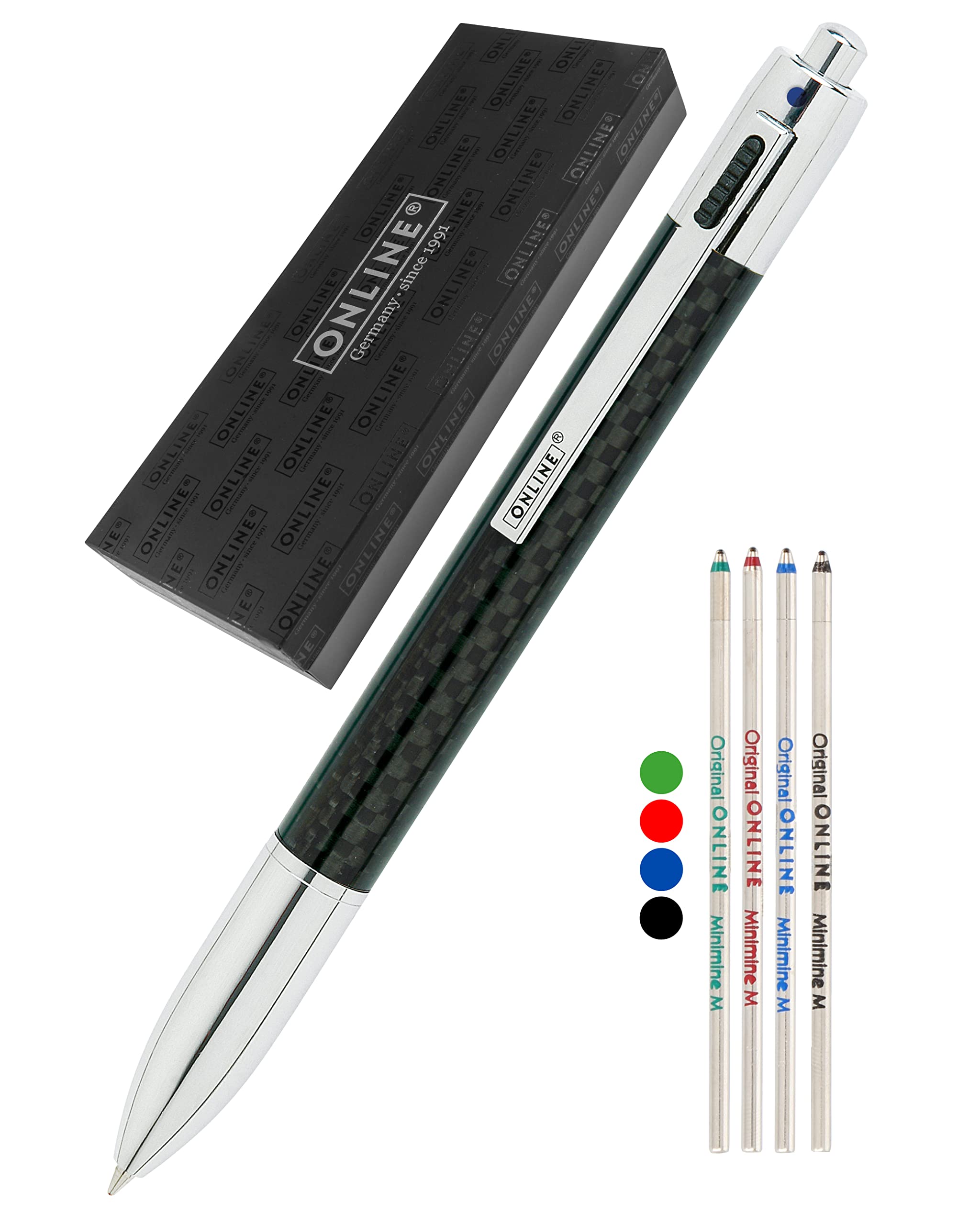 Online Multipen 4-in-1 Multi-Coloured Pen in Carbon Design in gift box I Multifunction & Multicolour Metal Biro I 4 Colour Pen incl. 4 D1 Ballpoint Refills in Blue, Black, Red, Green I Twist Mechanism