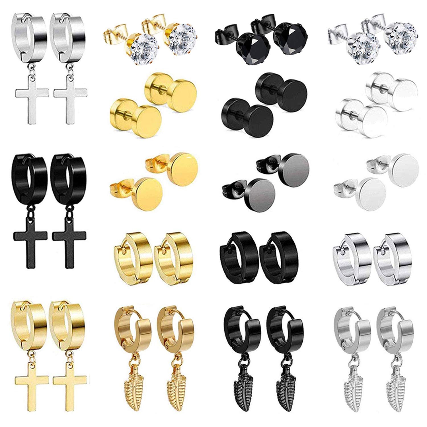 18 Pairs Stainless Steel Dangle Stud Earrings for Men Feather Huggie Hoop Hinged Loop Punk Earring Set Silver,Gold,Black