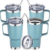 20 oz Tumbler with Handle Stainless Steel Insulated Coffee Mug Tumbler with Lid and Straw Double Wall Vacuum Insulated Coffee Mug Leak Proof Travel Tumbler for Hot and Cold Drink(Azure Blue,4pack)