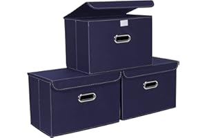 STOREONE Fabric Storage Cube Bins Foldable Organizer Container Collapsible Basket with Lids and Metal Handles, for Home, Bedroom, Closet 3 Pcs (Navy Blue)