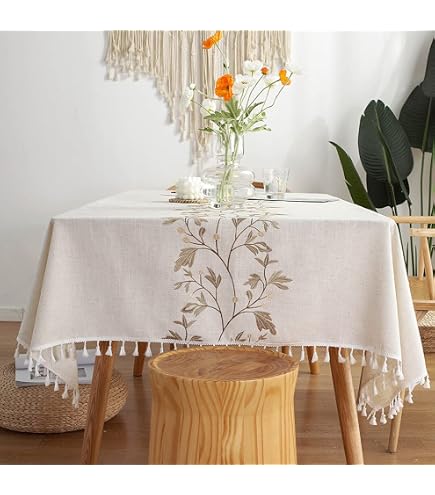 Candy86 Cotton Linen Tablecloth With Tassel Lace - Khaki Table Cover For Dining & Parties