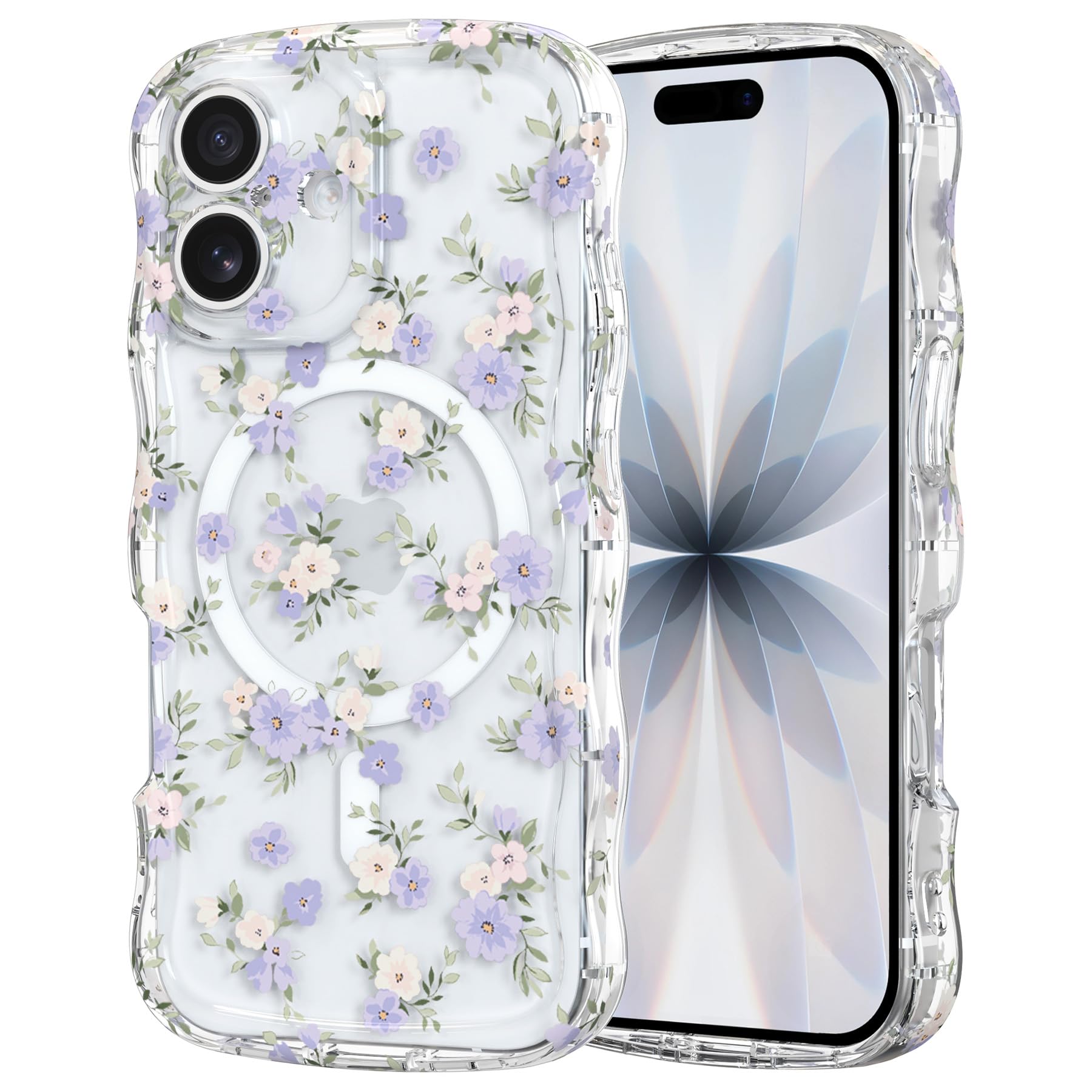 RALEAVO for iPhone 17 Case Cute Floral Pattern Design [Compatible with Magsafe] Clear Curly Wave Frame Cover for Women,Acrylic Shockproof Anti-Slip Case for iPhone 17,Purple Flowers