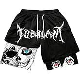 SHENHE Men's Graphic Shorts with Liner Y2K Cross Print Drawstring 2 in 1 Goth Gym Anime Shorts