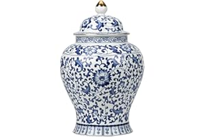 Blue and White Vase, Blue and White Ginger Jars 900ml/30oz Lotus Design Ceramic Jar with Lid Decorative Sealing Tea Container