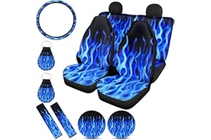 Wanyint Car Seat Covers Blue Fire Flame Print Car Seat Cover Full Set 15 inch Steering Wheel Cover Protector for Women Men, Coasters, Car Accessories + Keychain for SUV Truck Vans Sedans