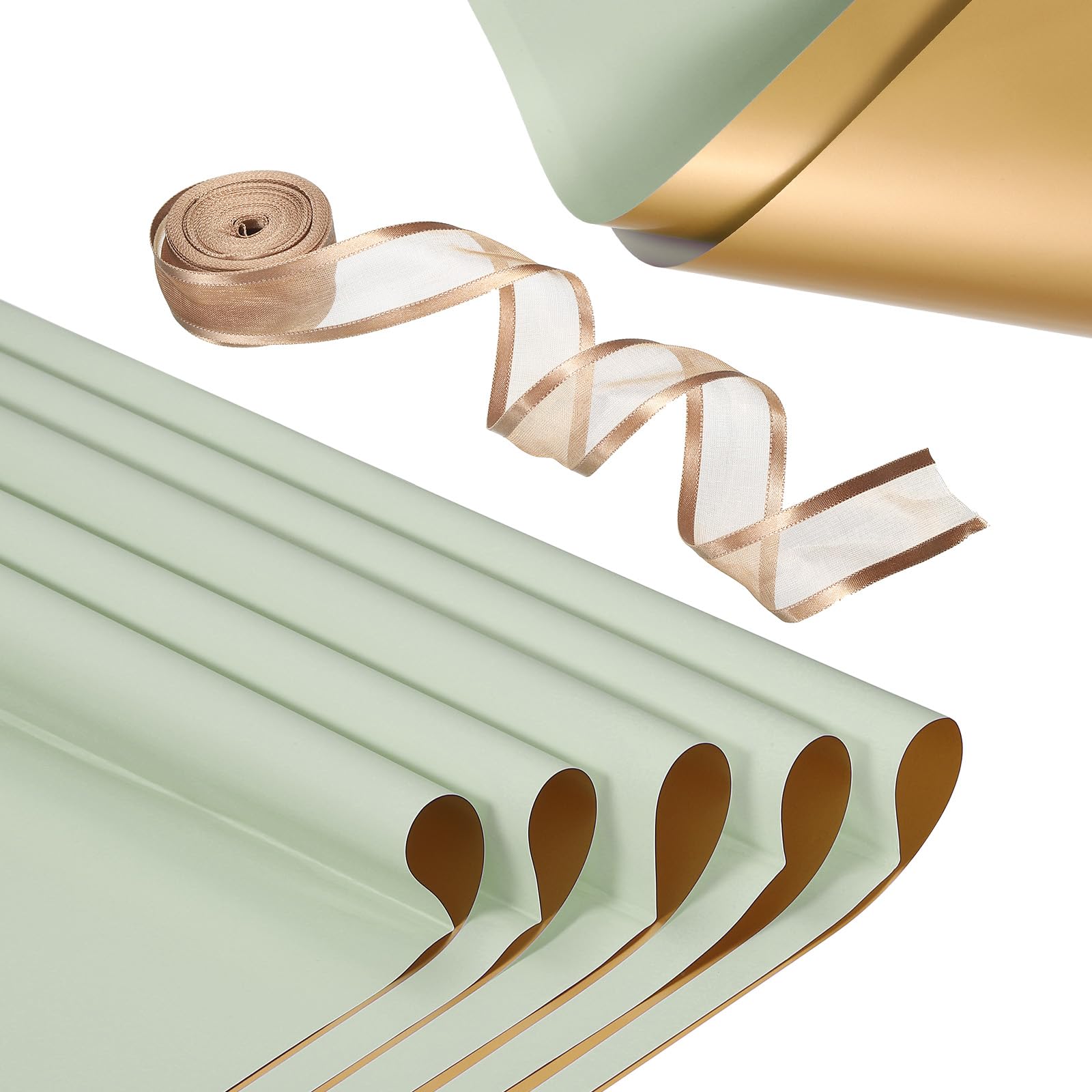 PATIKIL 20 Sheets Flower Wrapping Paper, Waterproof Flower Paper Wraps with Ribbon Floral Bouquet Supplies for DIY Crafts Packaging Bouquet, 22.8x22.8 Inch, Pale Green/Gold Tone
