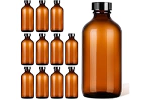 Deffdns 12 Pack 8 oz Amber Boston Round with Black Poly Cone Cap,Reusable Brown Glass Bottles for Secondary Kombucha Fermentation,Homemade Essential Oils,Lab Chemicals