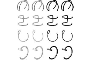 Psyqtsuary Fake Lip Piercing, 16 Pcs Stainless Steel Fake Lip Ring 8mm Faux Nose Ring Non Piercing Hoop Nose Rings for Women Men (Silver, Black)