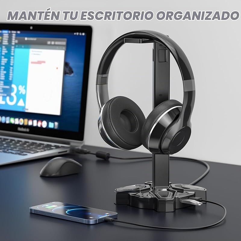 Suporte LED para auscultadores gaming com 2 portas USB de carregamento e 1 tipo C