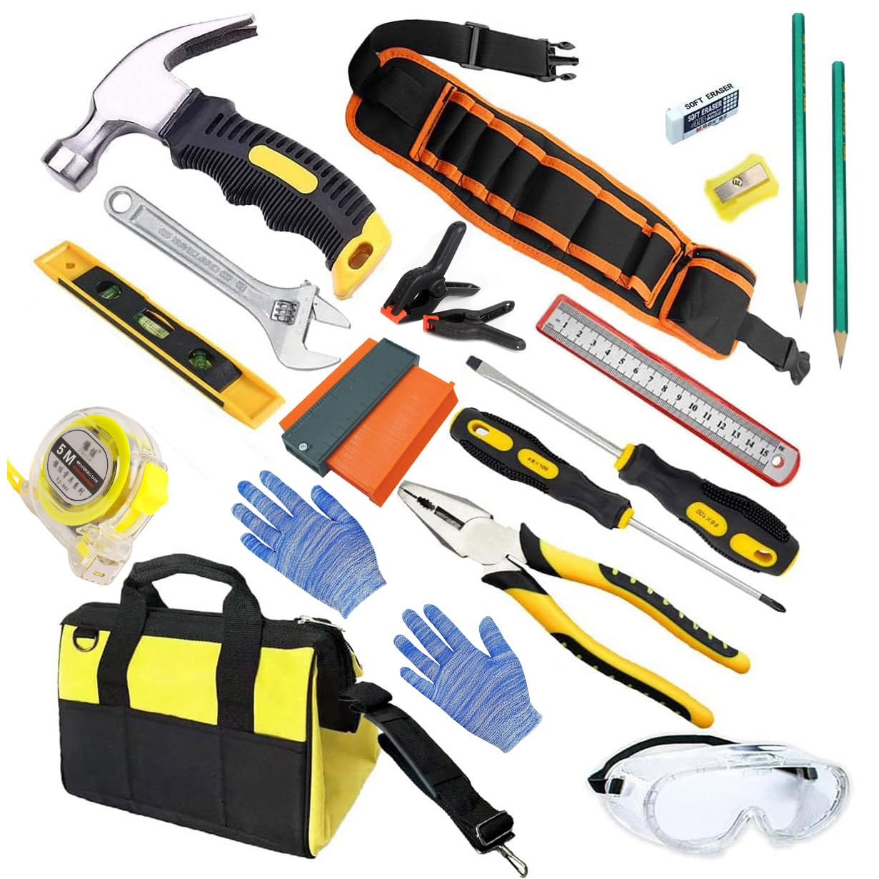 QeeHeng Real Kids Tool Set -Kids Tool kit for Starter with Hammer,Tool Belt,Safety Goggles, Pliers, Wrench,Screwdrivers & Bag,Children's DIY Play Tools for Boys /Girls /Beginner Learning Gift