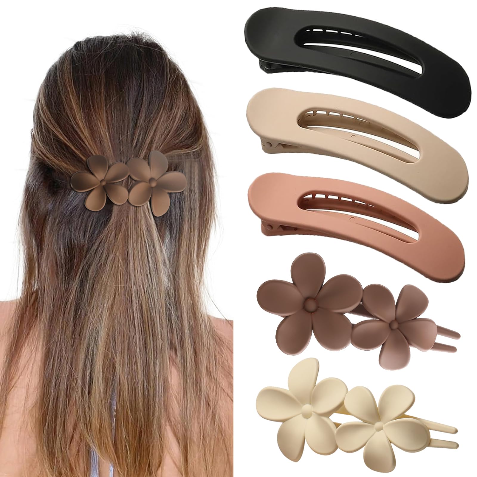 Photo 1 of 5 PCS Flat Hair Clips, Medium Lay Flat Claw Clips for Women Girls, 2 Styles French Matte Non-slip Hair Barrettes for Thick Thin Fine Hair (Brown&White)