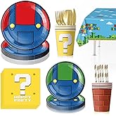 91Pcs Super Brother Party Supplies, Video Game Tableware Set Including Paper Plates, Napkins, Tablecloth, Straws, Cups, Knives, Spoons and Forks for Boys Birthday Party Decorations (Blue)