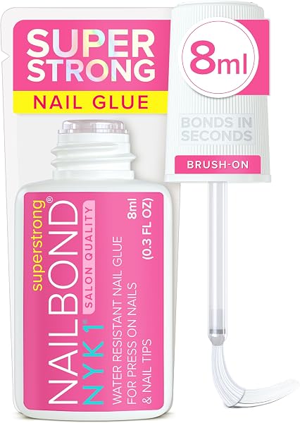 Super Strong Nail Glue for Press On Nails, Nail Tips & Acrylic Nails (8ml) NYK1 NailBond Brush On Glue for Press Ons, Tips &