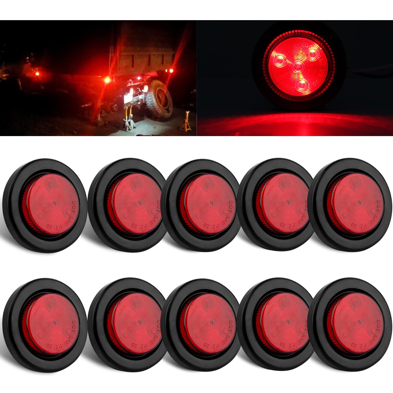 Photo 1 of 10Pcs 2 Inch Round Red LED Trailer Side Marker Clearance Lights, Sealed 2" Round LED Trailer Marker Lights Red 4 LEDs w/Rubber Grommet Flush Mount 2 Prong Wire Pigtails Truck RV Markers Waterproof