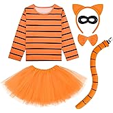 JcHrmers 6Pcs Orange Cat Cosplay Outfit Including Cat Ears Headband Orange Black Striped Shirt Tutu Skirt Eye Mask